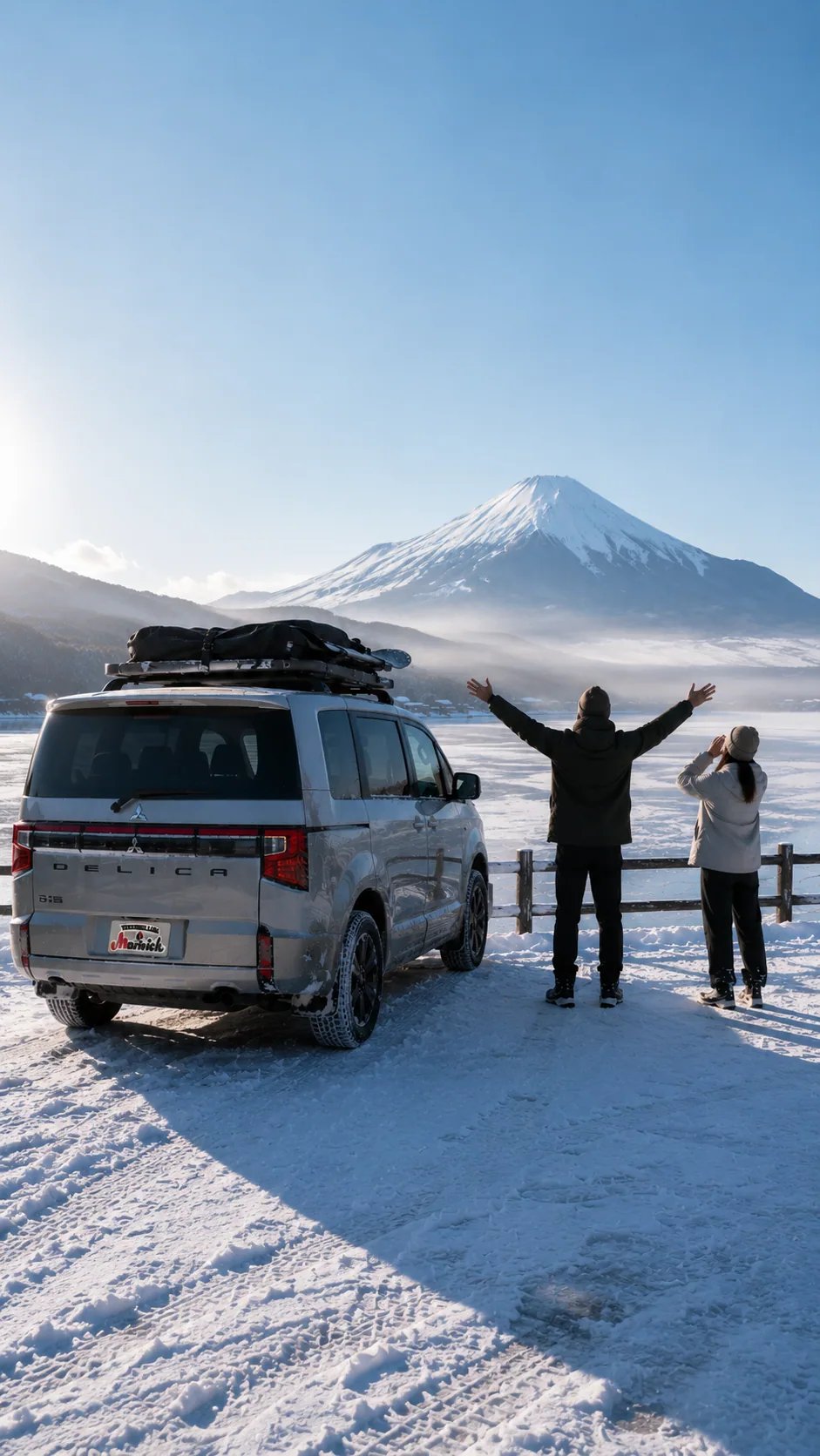 冬の山中湖と富士山、デリカD:5 — 雪道に強い三菱4WD
